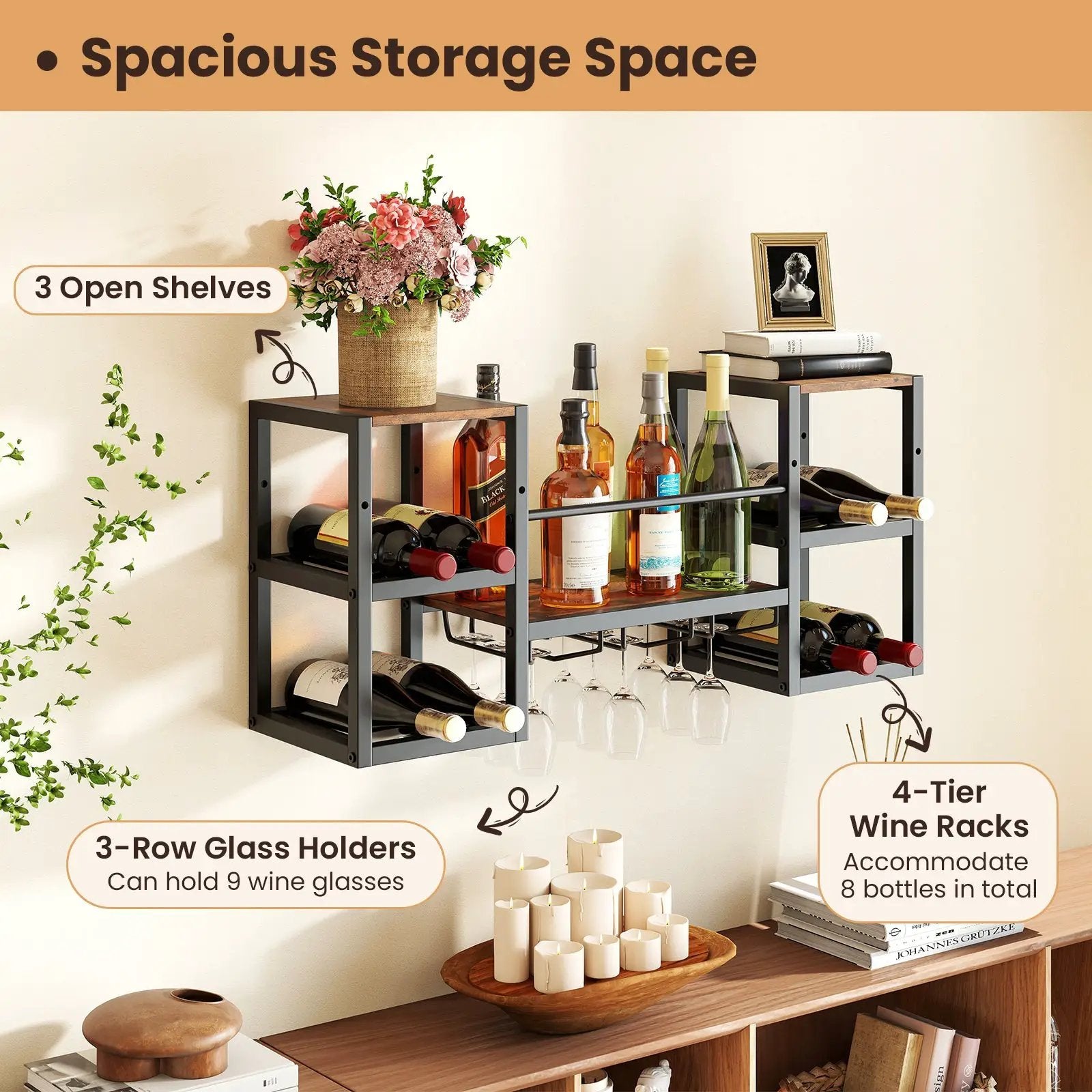 Heavy-duty Wall Mounted Wine Rack with Glass Holder Metal Frame 8-Bottle Holder-Rustic Brown by DirectDeals