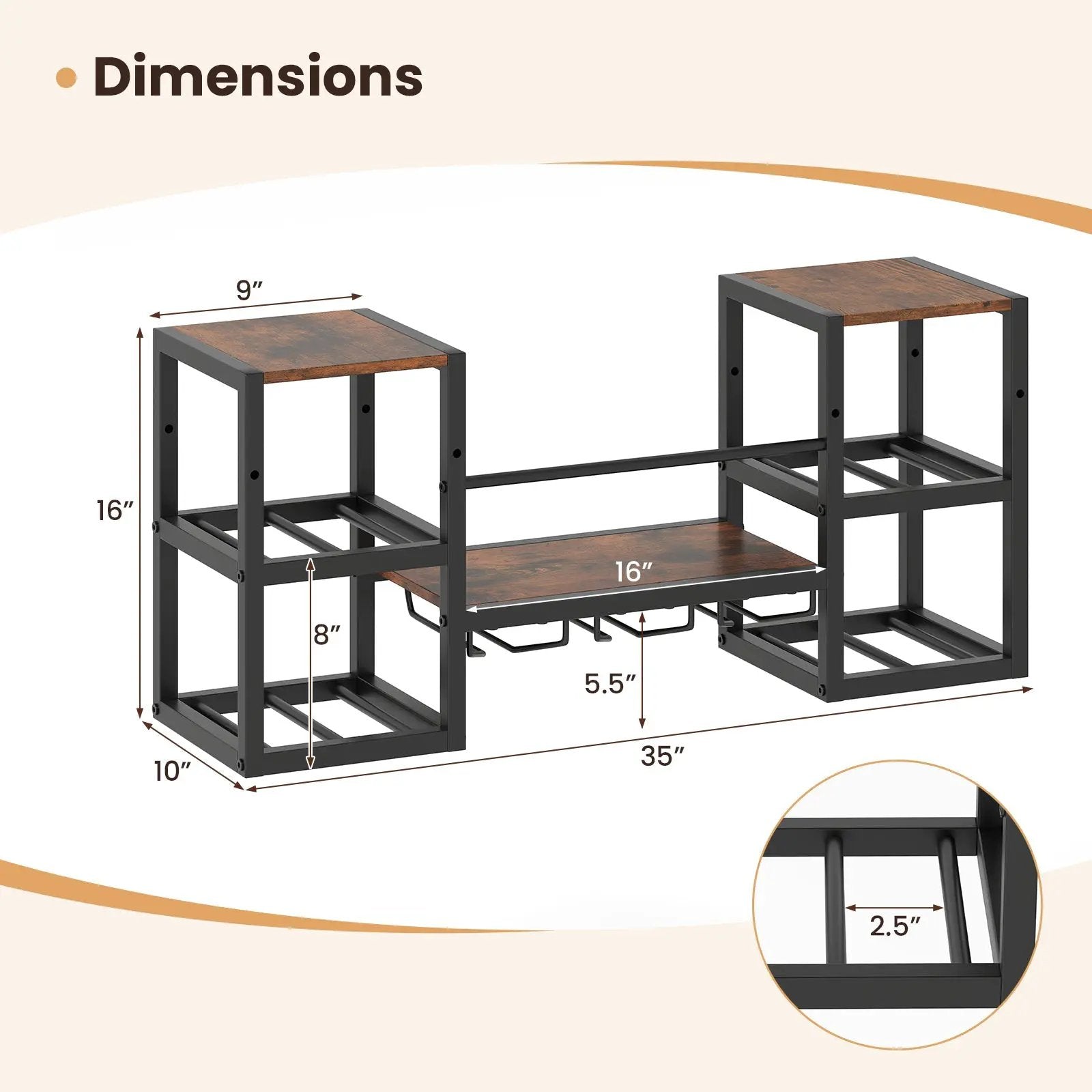Heavy-duty Wall Mounted Wine Rack with Glass Holder Metal Frame 8-Bottle Holder-Rustic Brown by DirectDeals