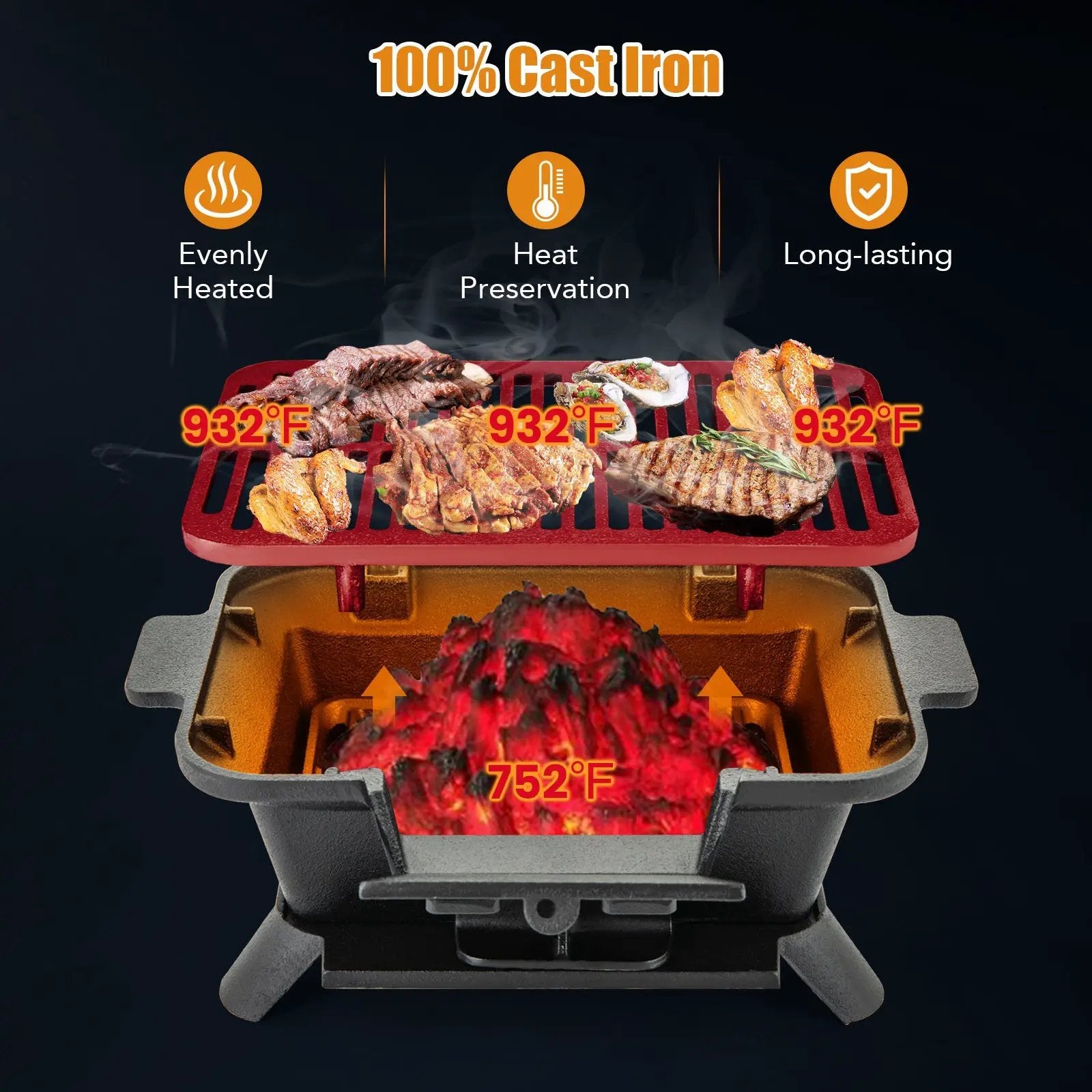 100% Cast Iron Hibachi Grill with Grill Grate Lifter by DirectDeals