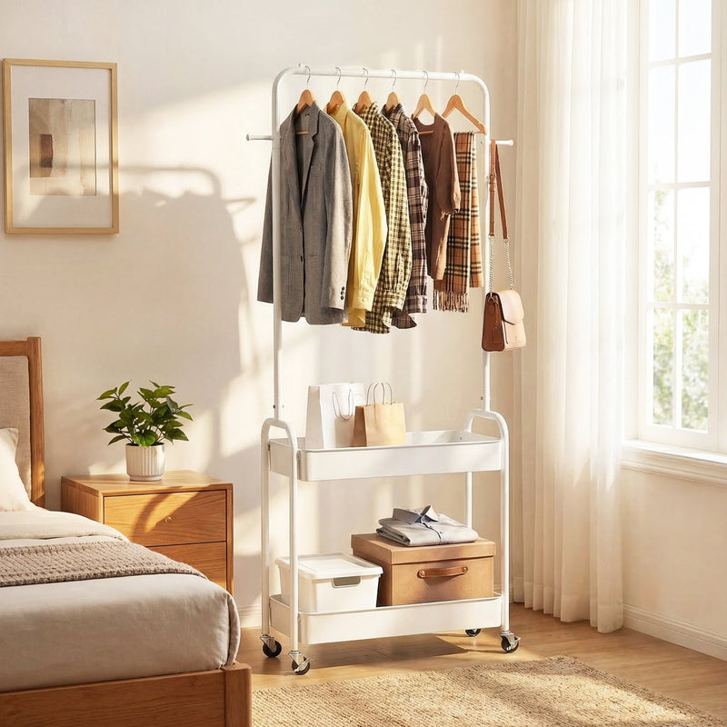 Heavy-Duty Laundry Cart with Hanging Rod and 2 Storage Baskets for Bedroom by DirectDeals