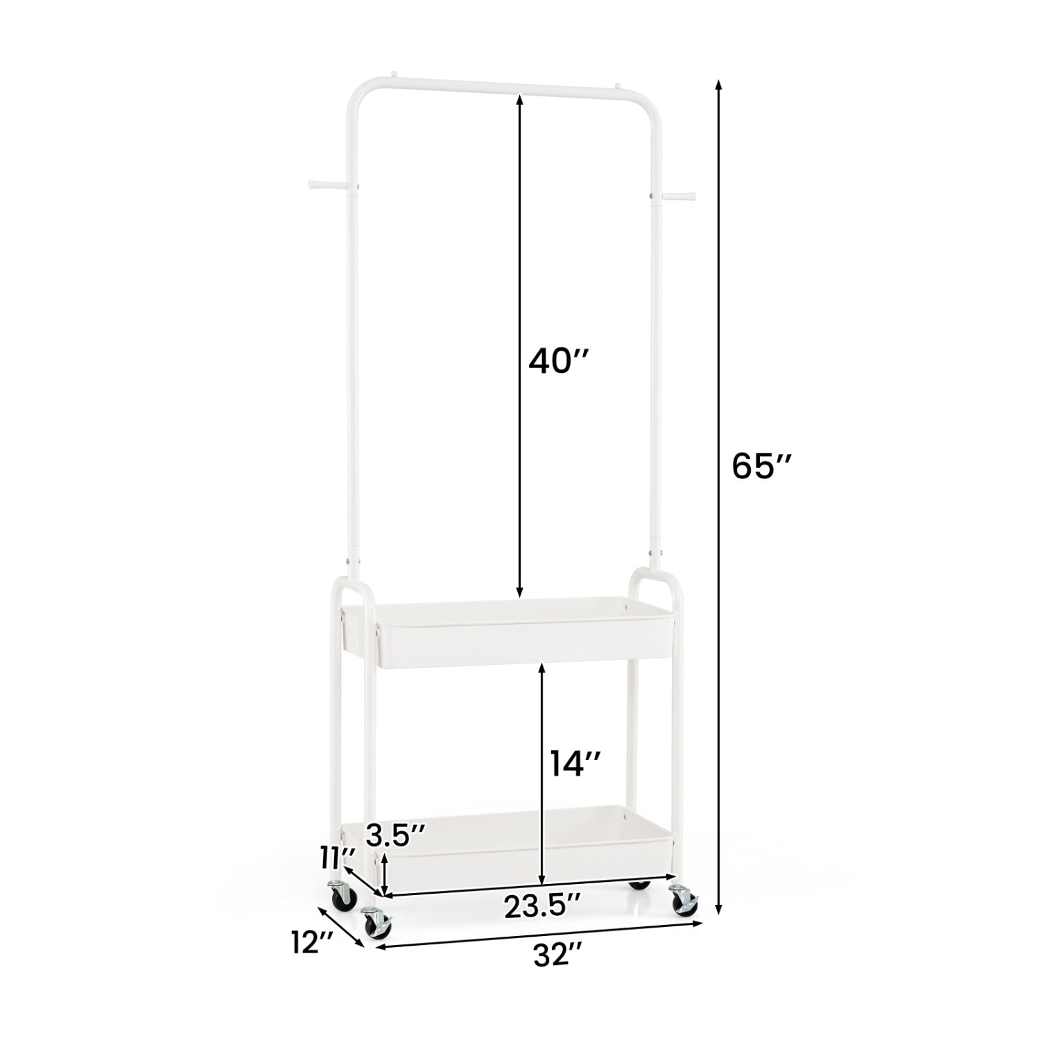 Heavy-Duty Laundry Cart with Hanging Rod and 2 Storage Baskets for Bedroom by DirectDeals