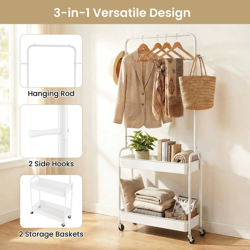 Heavy-Duty Laundry Cart with Hanging Rod and 2 Storage Baskets for Bedroom by DirectDeals