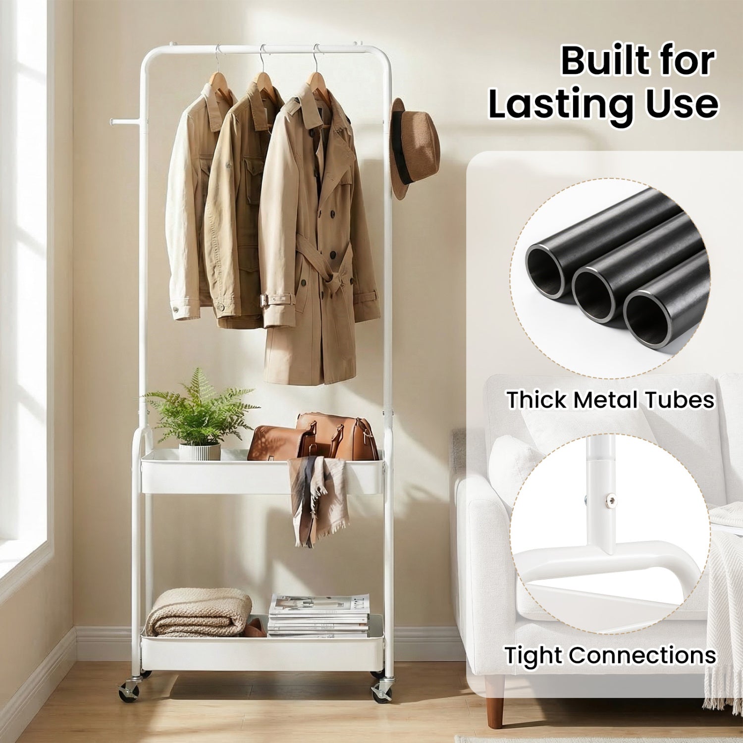 Heavy-Duty Laundry Cart with Hanging Rod and 2 Storage Baskets for Bedroom by DirectDeals
