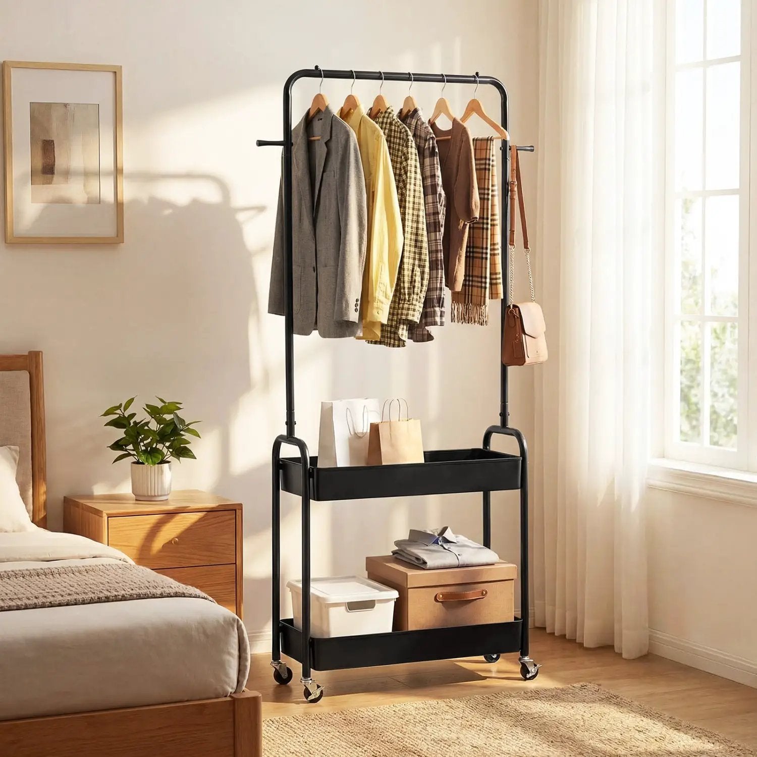 Heavy-Duty Laundry Cart with Hanging Rod and 2 Storage Baskets for Bedroom by DirectDeals