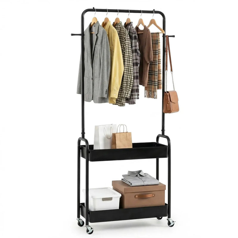 Heavy-Duty Laundry Cart with Hanging Rod and 2 Storage Baskets for Bedroom by DirectDeals