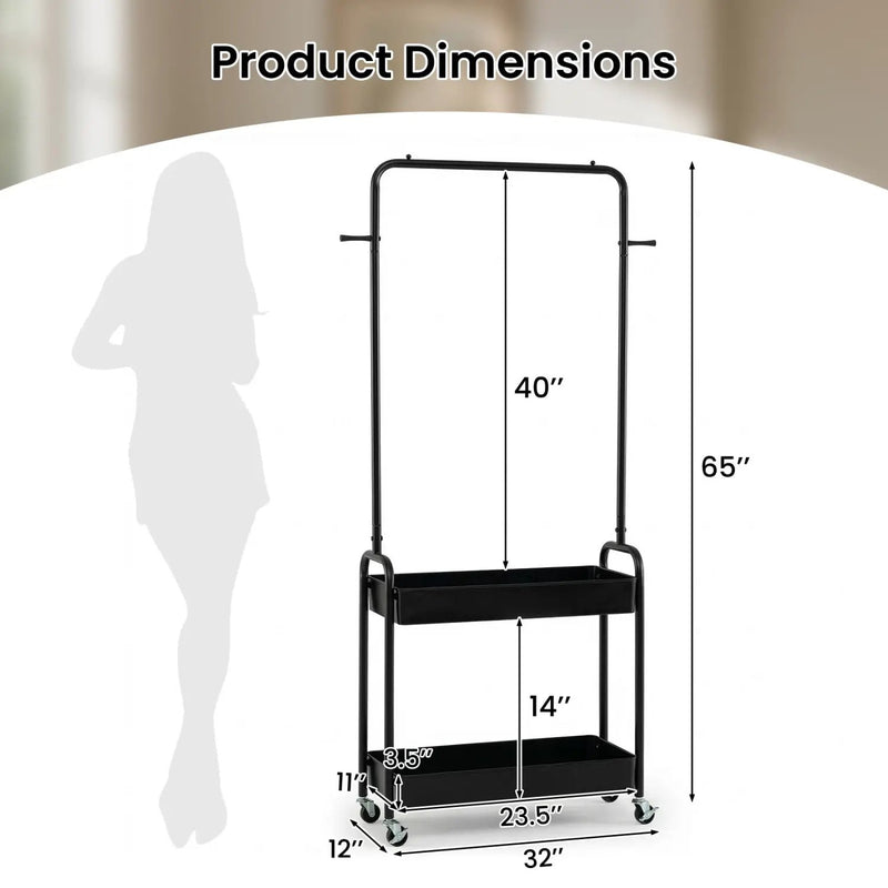 Heavy-Duty Laundry Cart with Hanging Rod and 2 Storage Baskets for Bedroom by DirectDeals