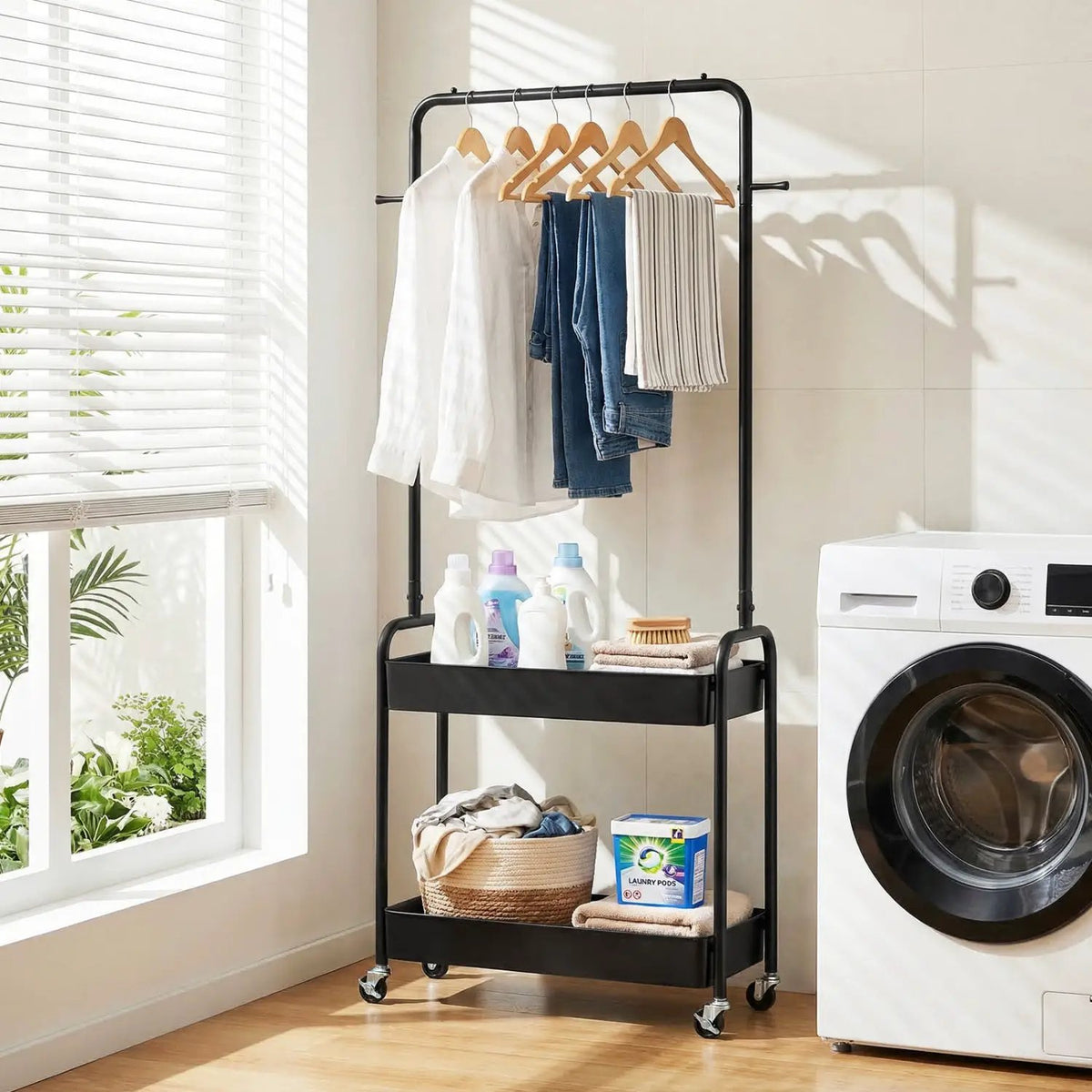 Heavy-Duty Laundry Cart with Hanging Rod and 2 Storage Baskets for Bedroom, photo 13 of 15