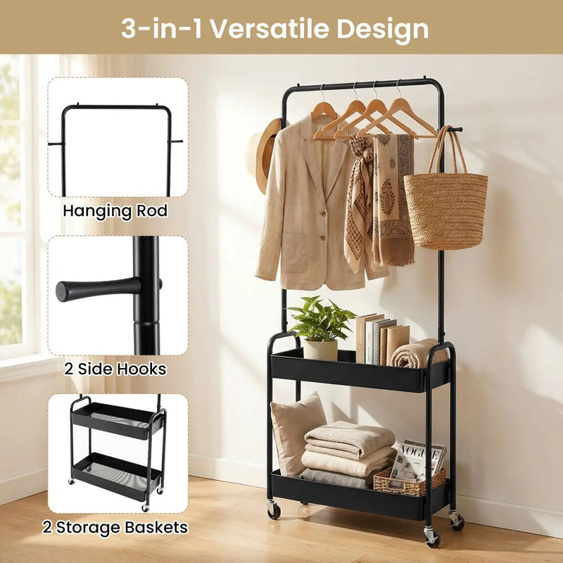 Heavy-Duty Laundry Cart with Hanging Rod and 2 Storage Baskets for Bedroom by DirectDeals