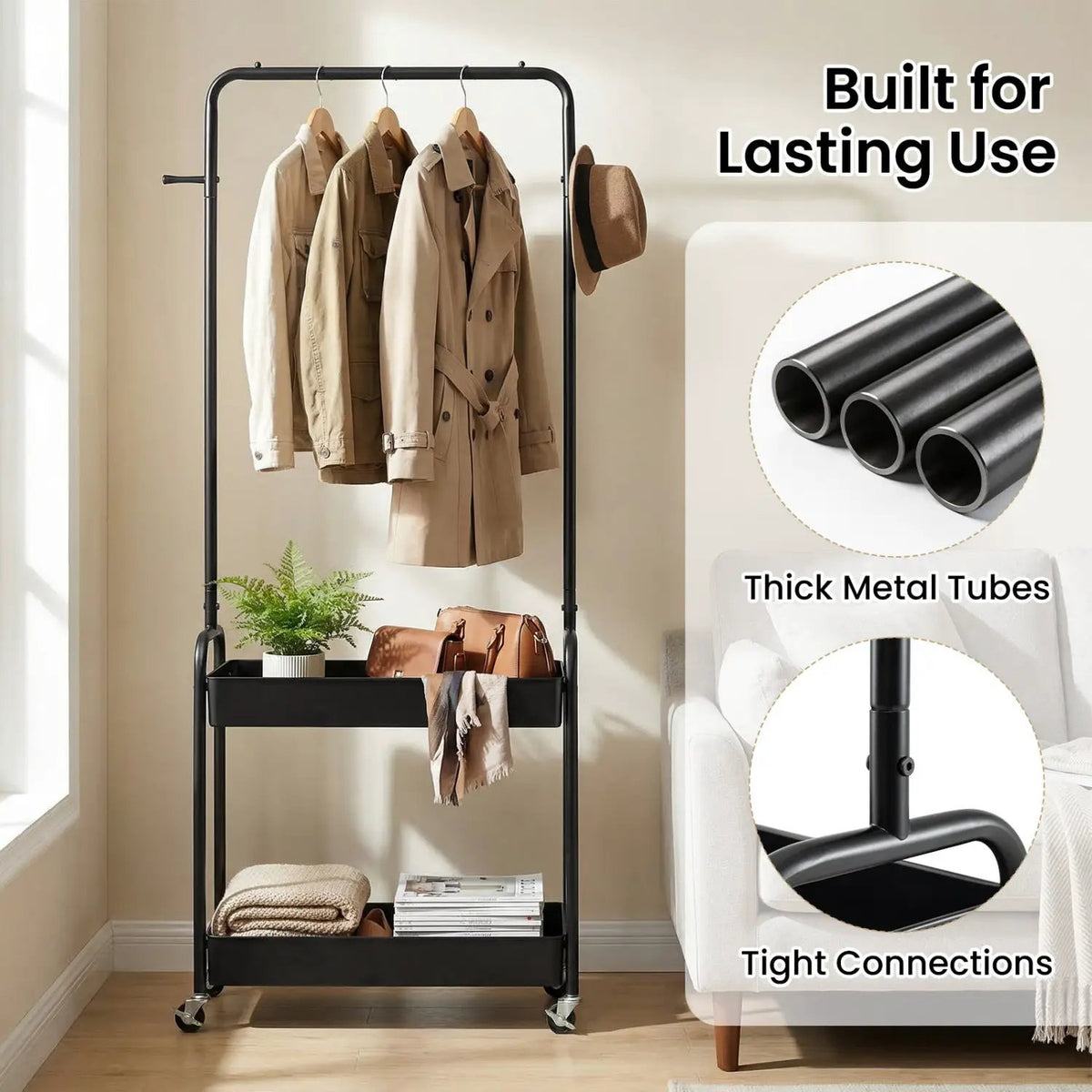 Heavy-Duty Laundry Cart with Hanging Rod and 2 Storage Baskets for Bedroom, photo 15 of 15