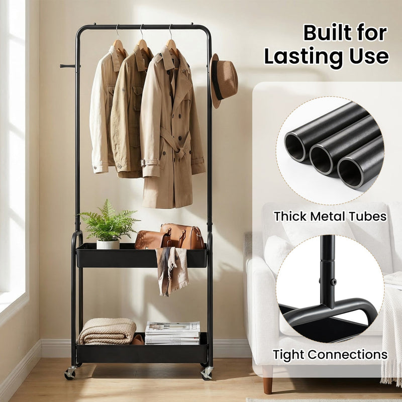 Heavy-Duty Laundry Cart with Hanging Rod and 2 Storage Baskets for Bedroom by DirectDeals