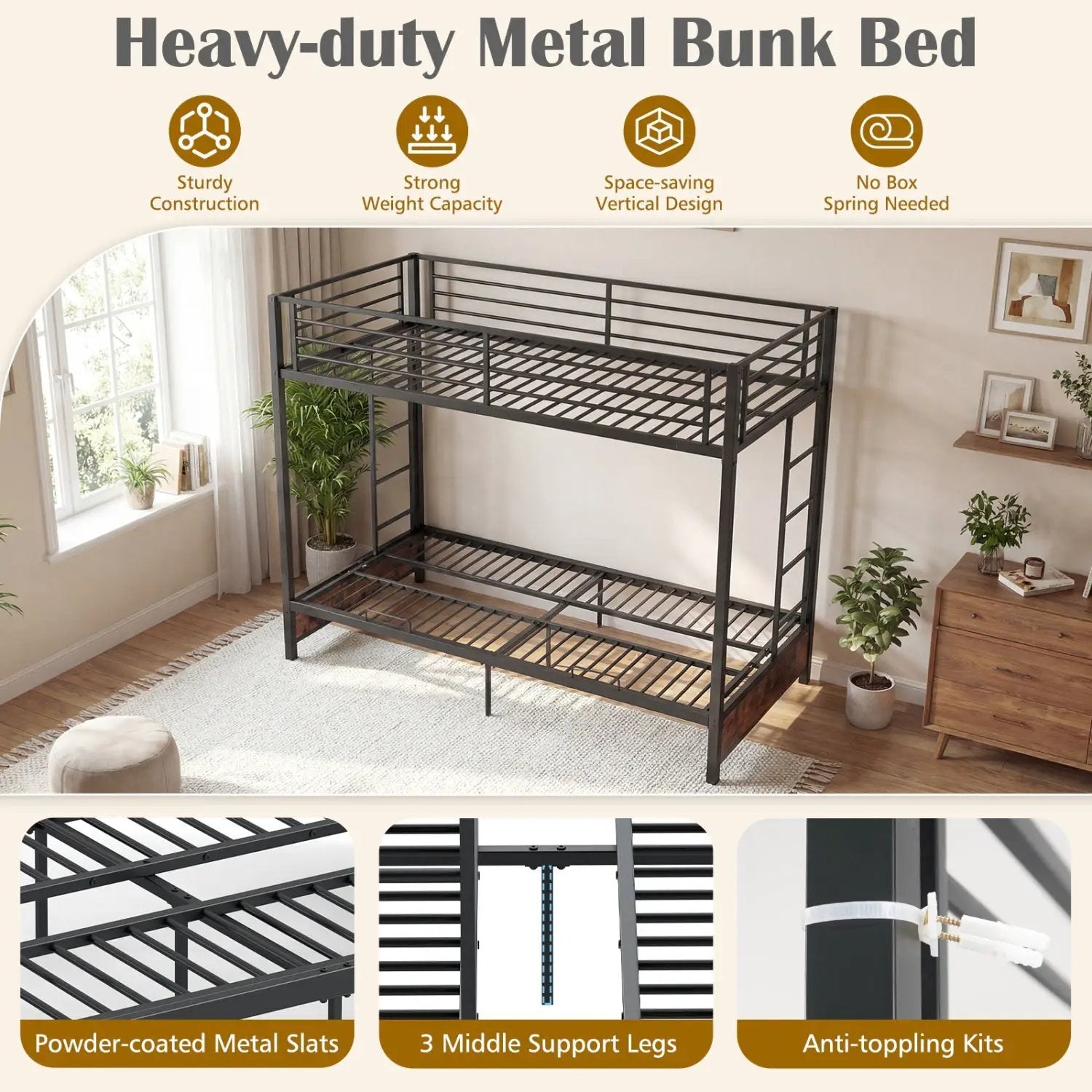 Heavy Duty Metal Bunk Bed Frame with Headboard and Footboard by DirectDeals
