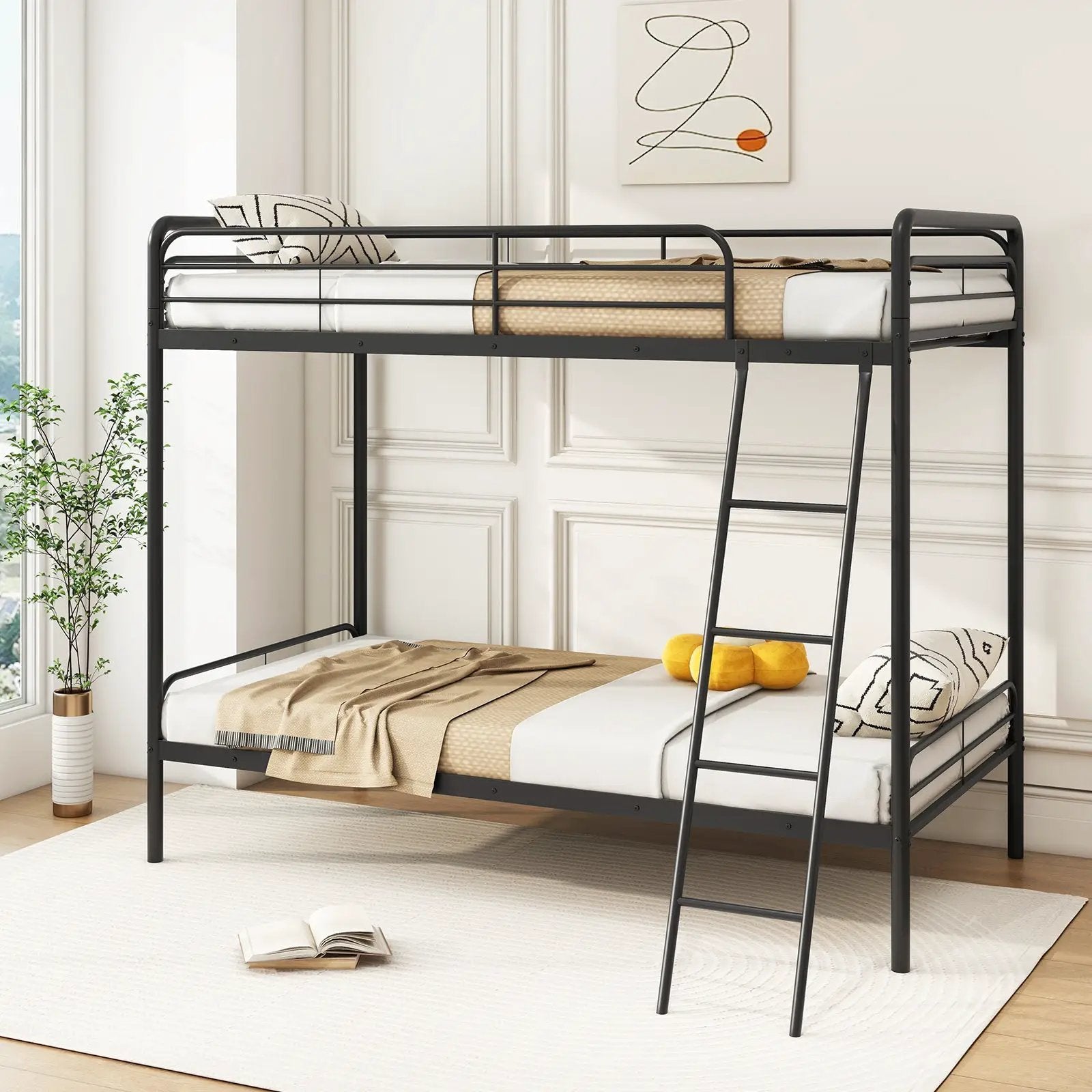 Heavy Duty Metal Bunk Bed with Ladder and Safety Guardrails-Black by DirectDeals