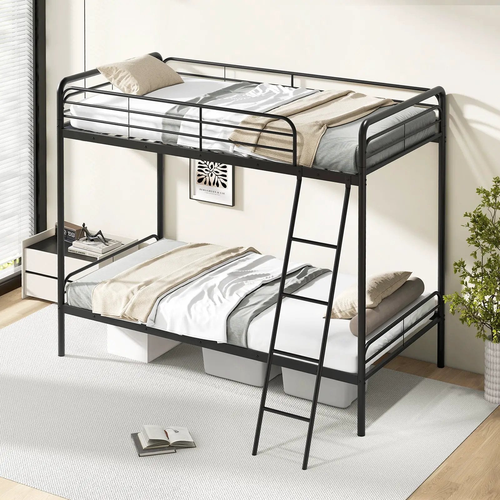 Heavy Duty Metal Bunk Bed with Ladder and Safety Guardrails-Black by DirectDeals