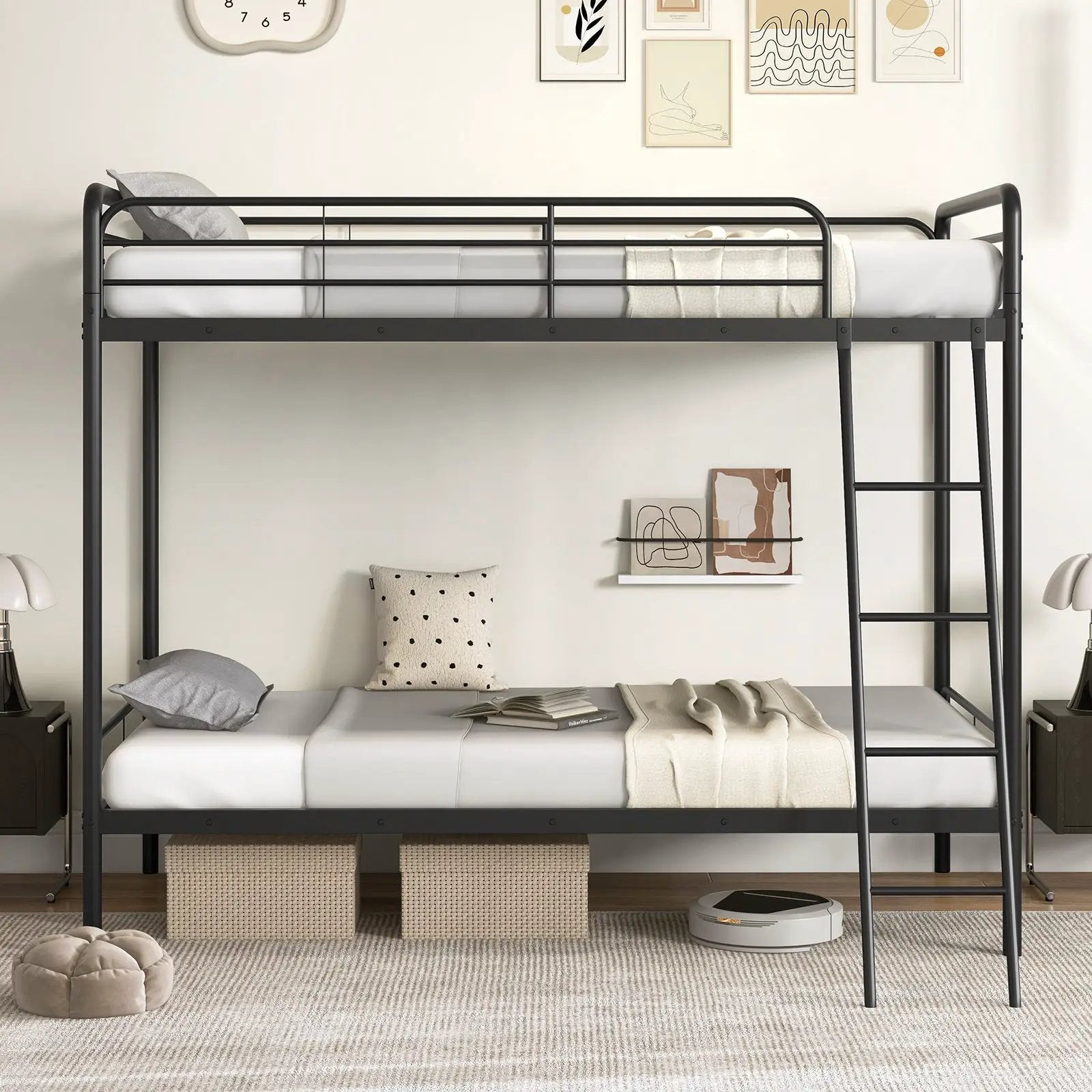 Heavy Duty Metal Bunk Bed with Ladder and Safety Guardrails-Black by DirectDeals