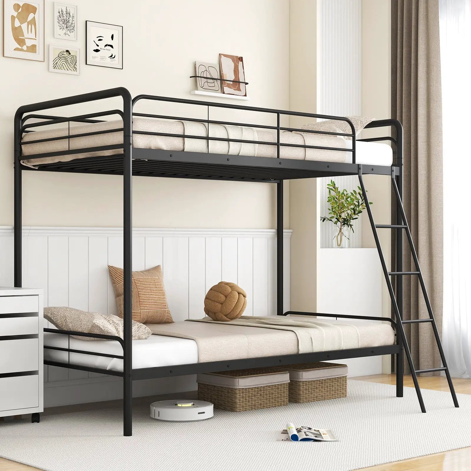 Heavy Duty Metal Bunk Bed with Ladder and Safety Guardrails-Black by DirectDeals