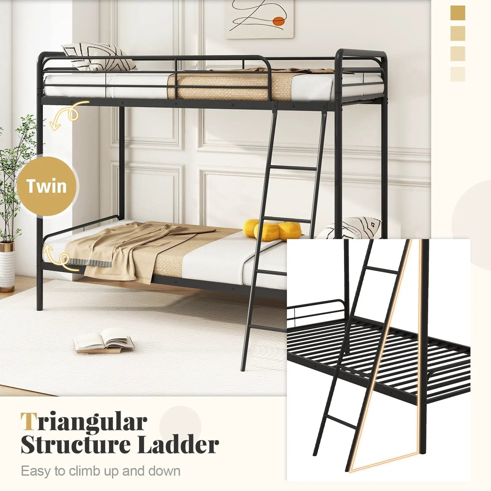 Heavy Duty Metal Bunk Bed with Ladder and Safety Guardrails-Black by DirectDeals