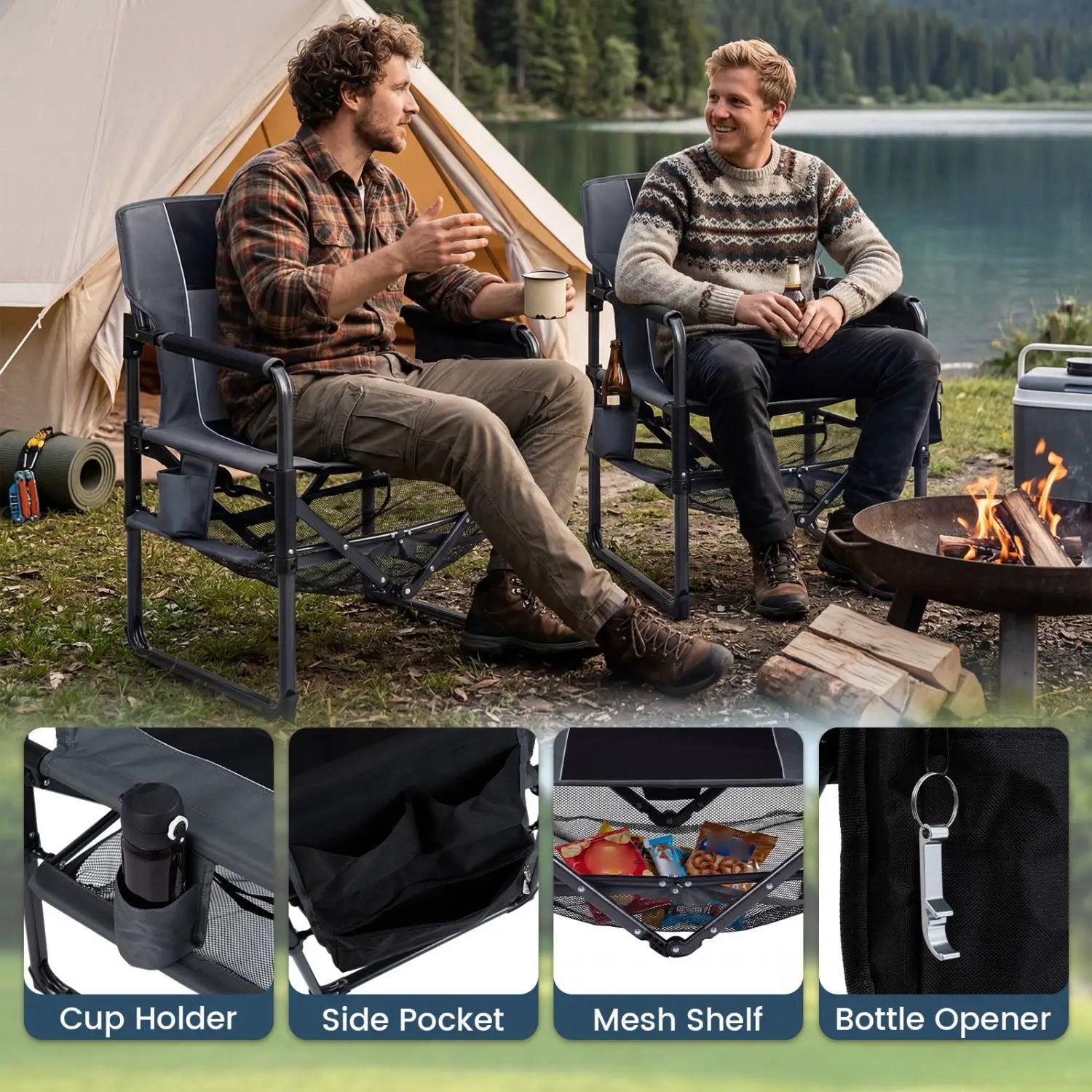 Camping Chair Heavy Duty with Cup Holder and Bottle Opener by DirectDeals