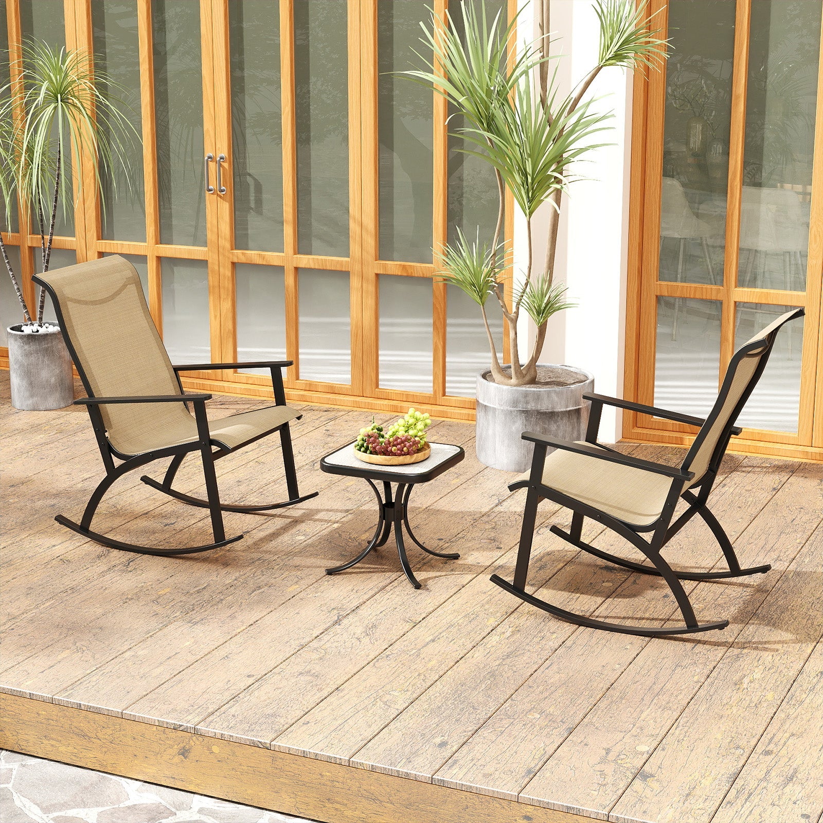 Heavy-Duty Rocking Bistro Chairs and Table Set with High Backrest and Wood-Plastic Tabletop-Brown by DirectDeals