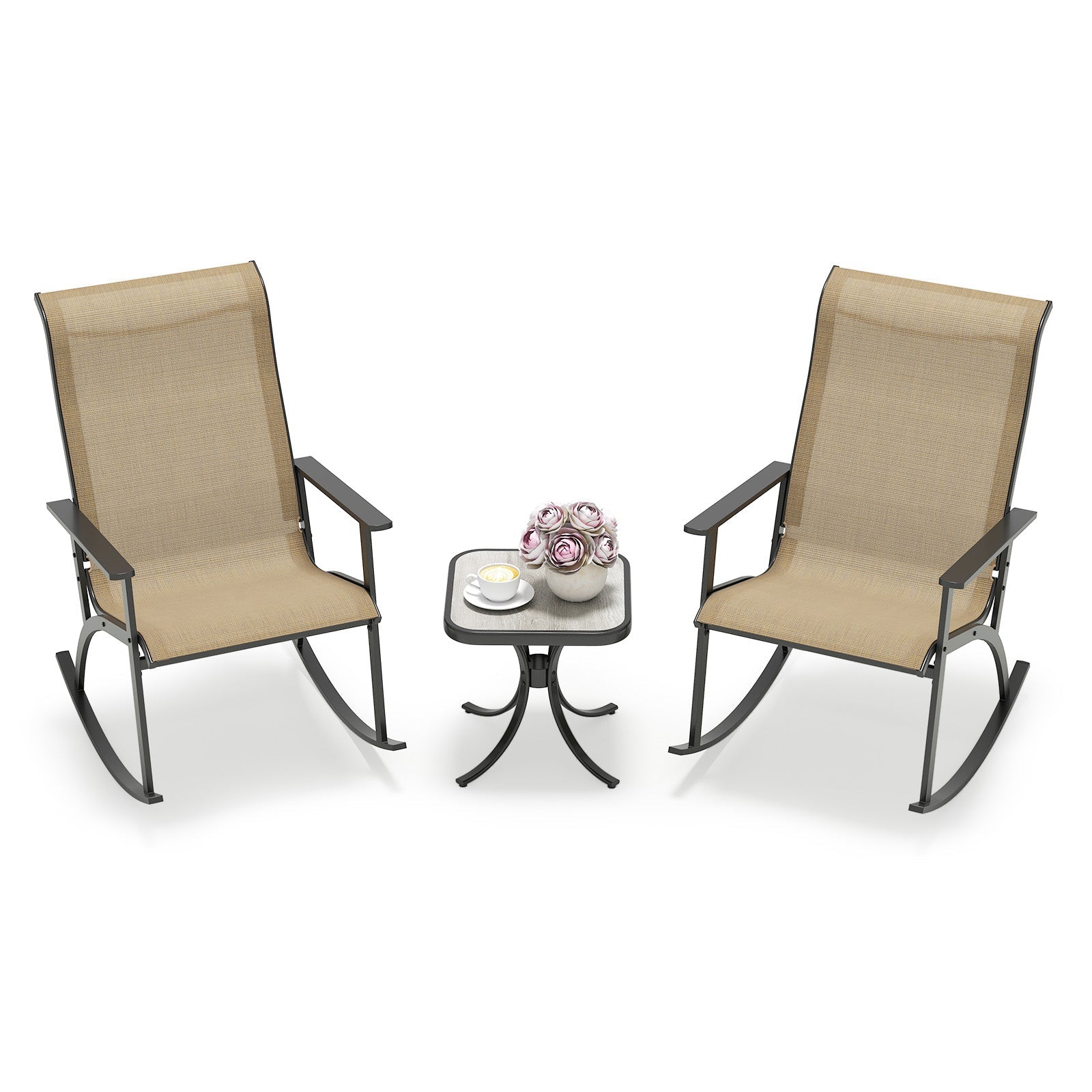 Heavy-Duty Rocking Bistro Chairs and Table Set with High Backrest and Wood-Plastic Tabletop-Brown by DirectDeals