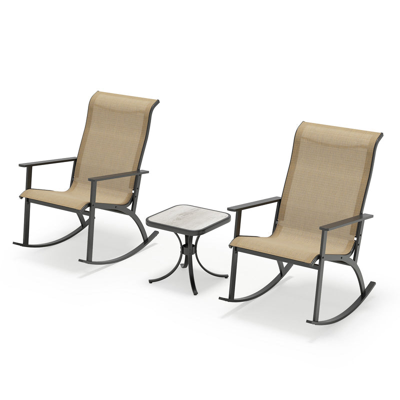 Heavy-Duty Rocking Bistro Chairs and Table Set with High Backrest and Wood-Plastic Tabletop-Brown by DirectDeals