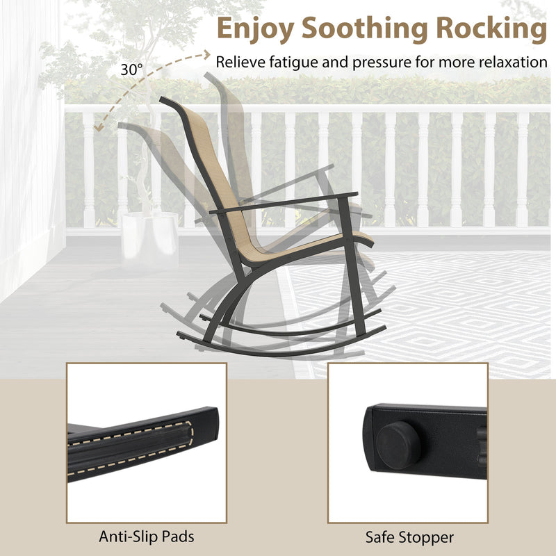 Heavy-Duty Rocking Bistro Chairs and Table Set with High Backrest and Wood-Plastic Tabletop-Brown by DirectDeals