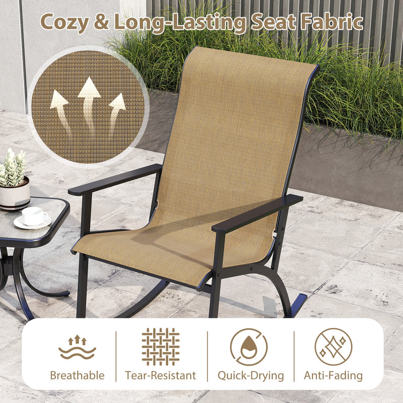 Heavy-Duty Rocking Bistro Chairs and Table Set with High Backrest and Wood-Plastic Tabletop-Brown by DirectDeals