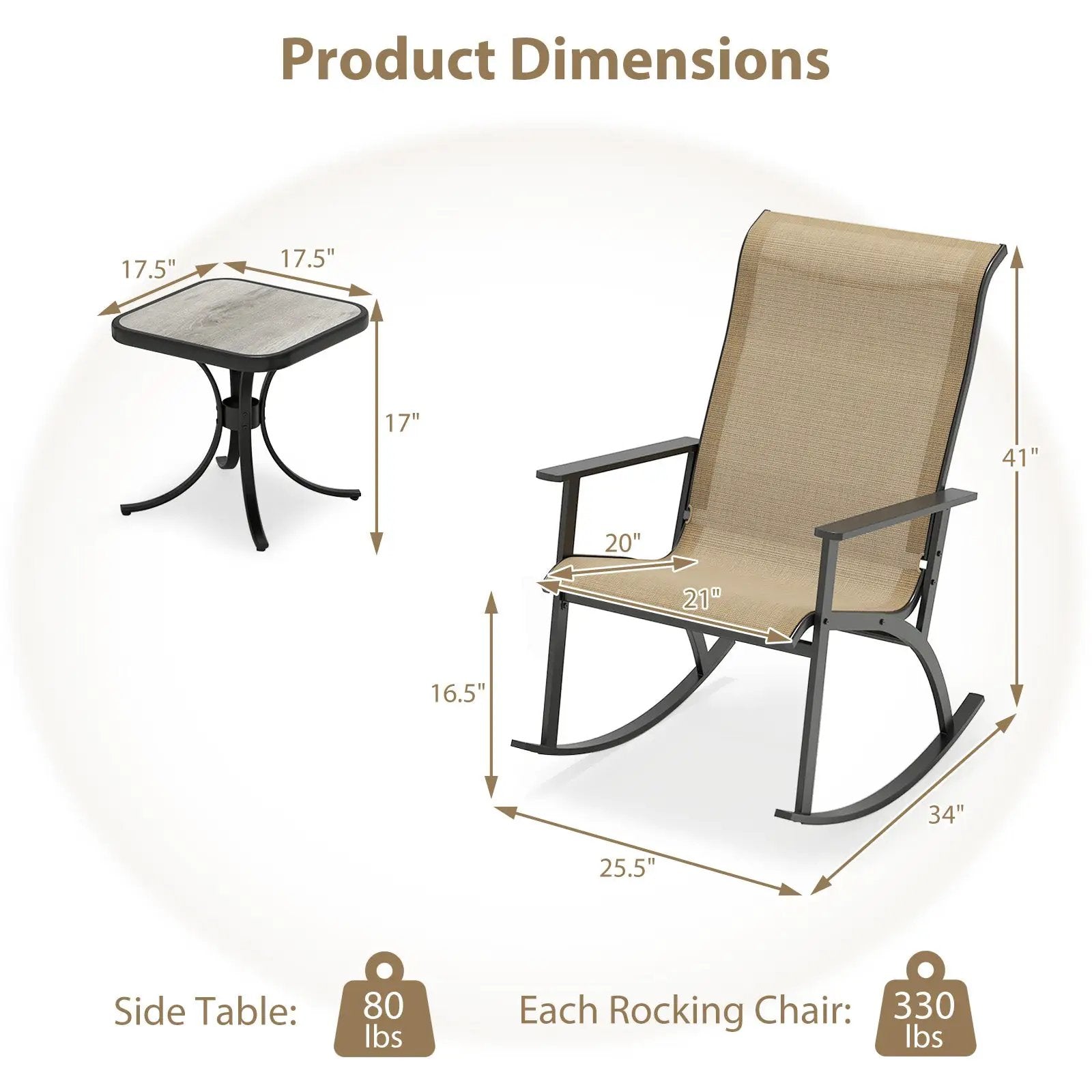 Heavy-Duty Rocking Bistro Chairs and Table Set with High Backrest and Wood-Plastic Tabletop-Brown by DirectDeals