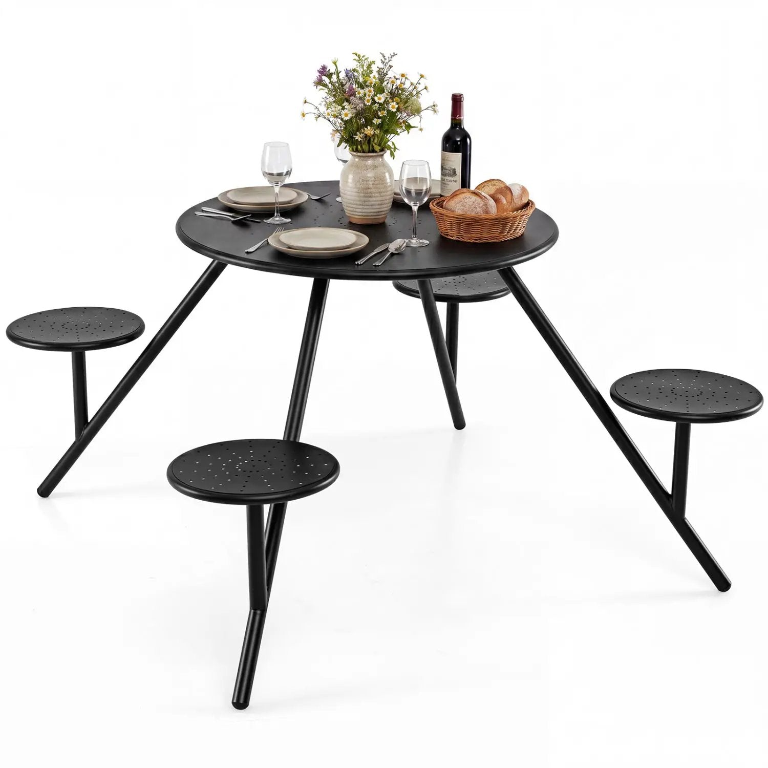 Round Picnic Table for 4 with Umbrella Hole and Iron Seats by DirectDeals