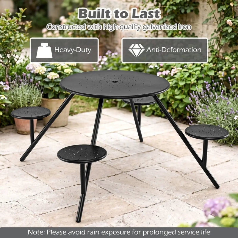 Round Picnic Table for 4 with Umbrella Hole and Iron Seats by DirectDeals