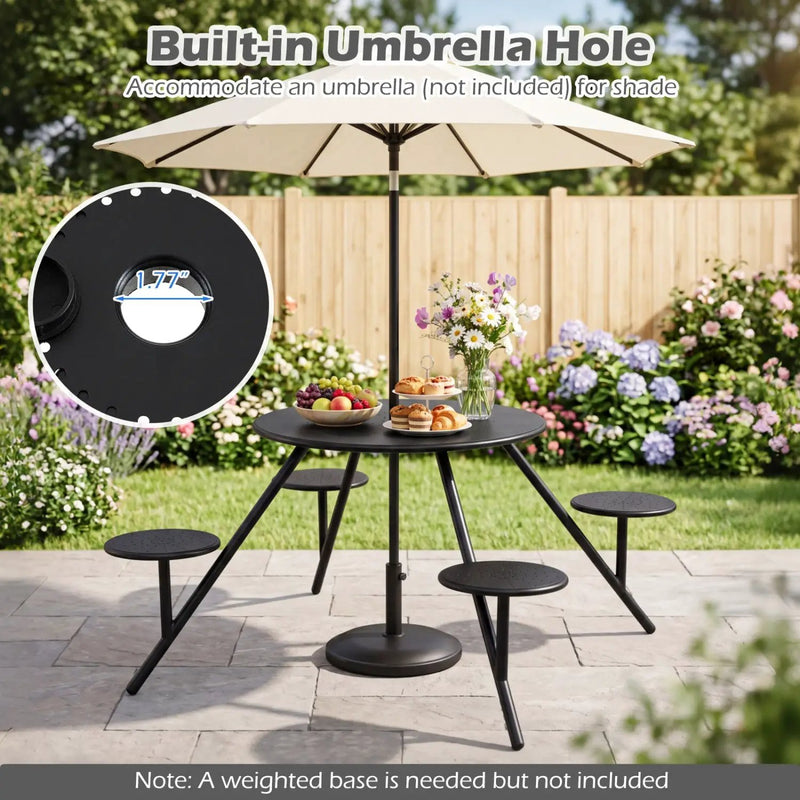 Round Picnic Table for 4 with Umbrella Hole and Iron Seats by DirectDeals