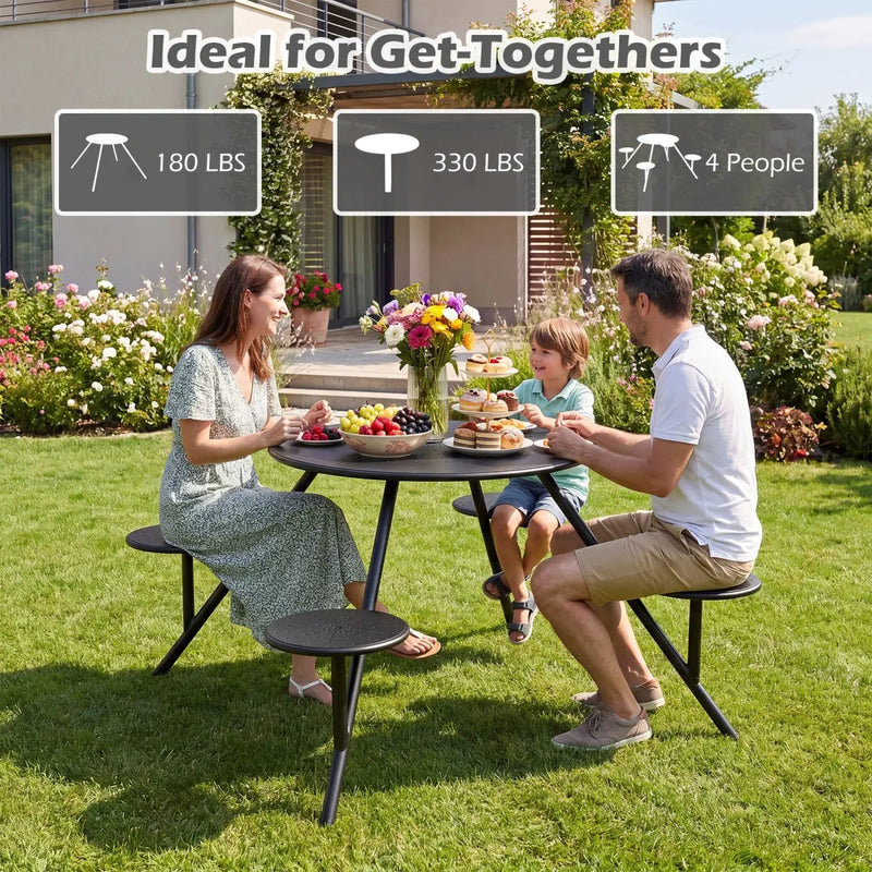 Round Picnic Table for 4 with Umbrella Hole and Iron Seats by DirectDeals