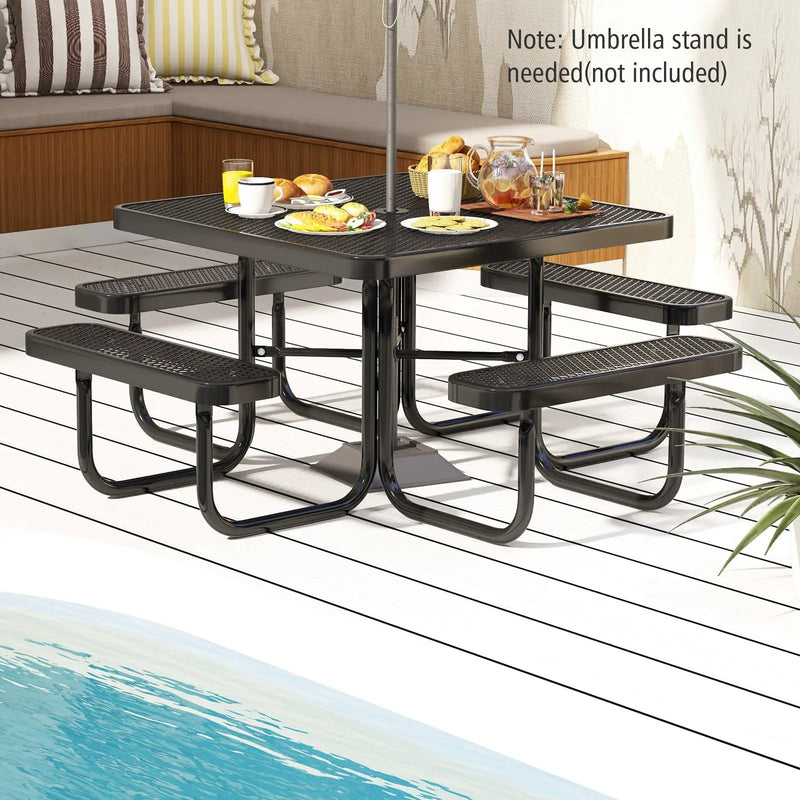 Square Picnic Table and Bench for 8 Person with Seats and Umbrella Hole-Black by DirectDeals