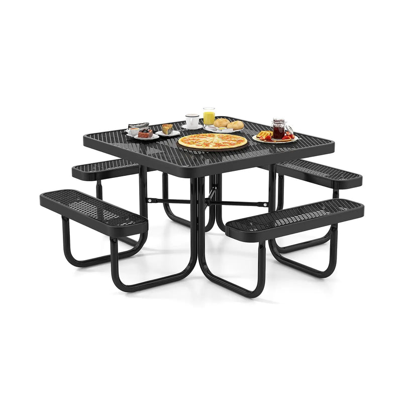 Square Picnic Table and Bench for 8 Person with Seats and Umbrella Hole-Black by DirectDeals