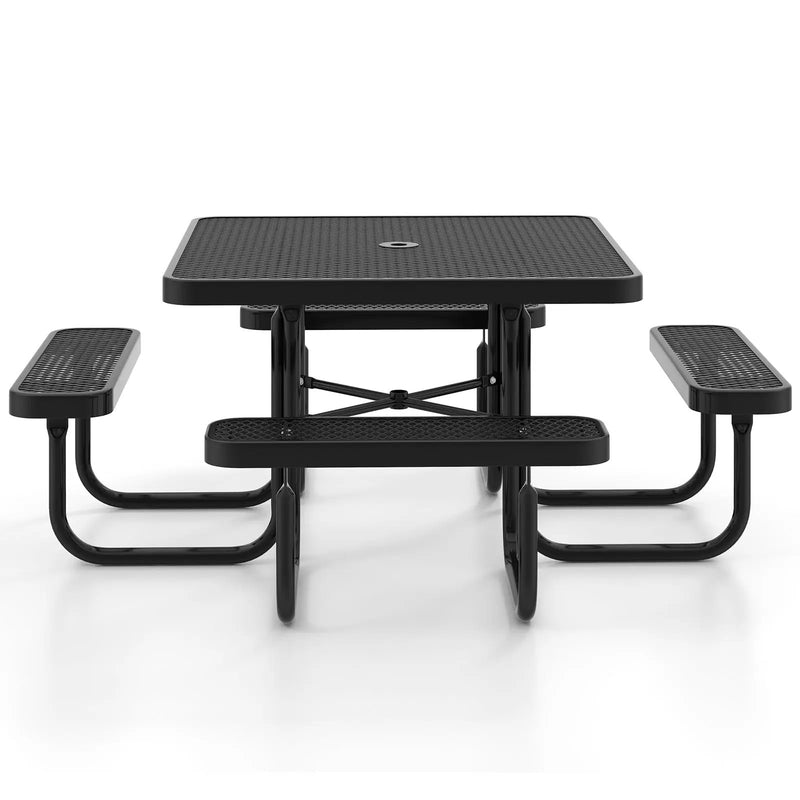 Square Picnic Table and Bench for 8 Person with Seats and Umbrella Hole-Black by DirectDeals