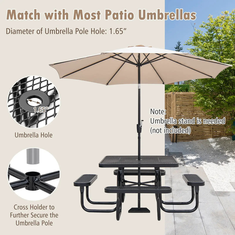 Square Picnic Table and Bench for 8 Person with Seats and Umbrella Hole-Black by DirectDeals
