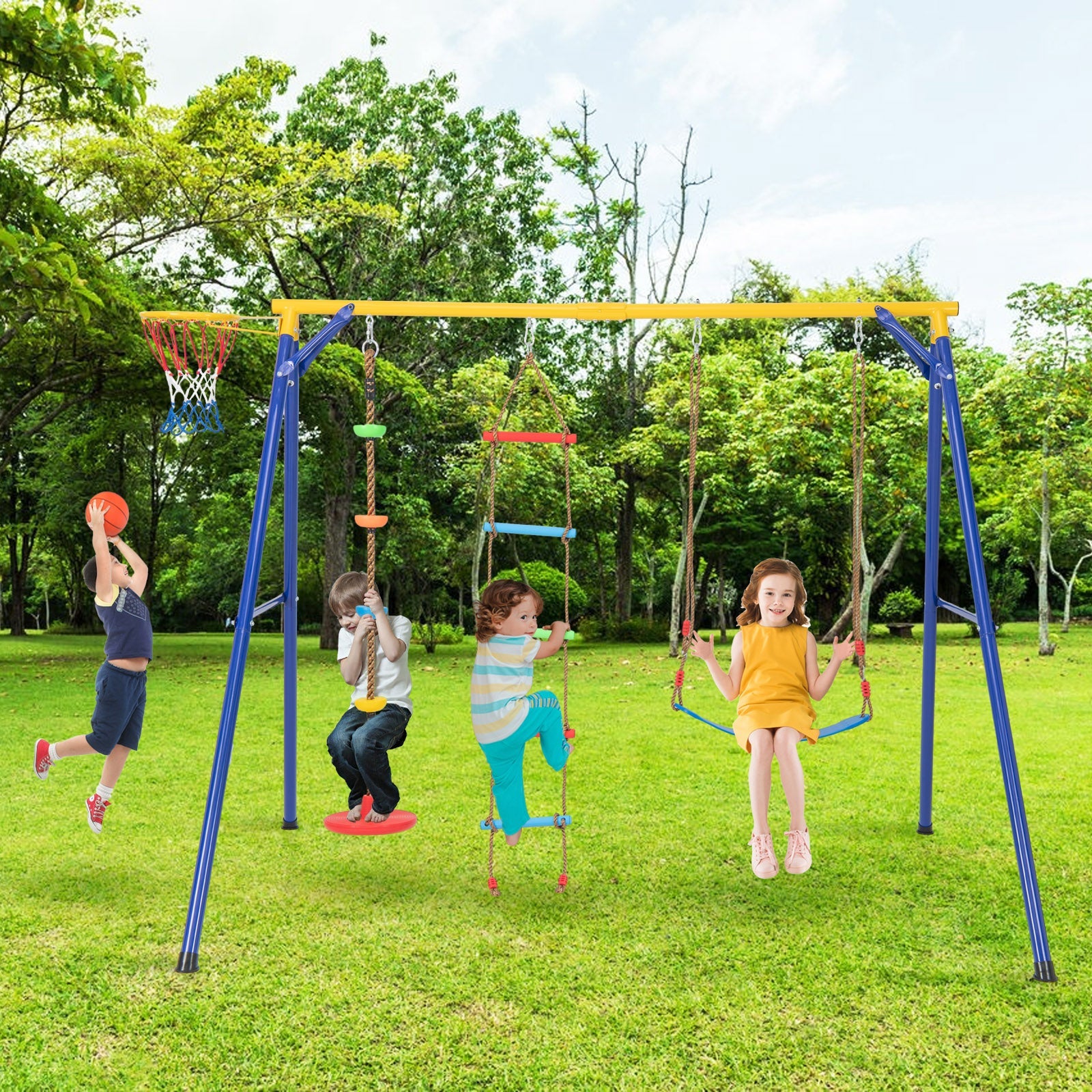 4-in-1 660 lbs Heavy Duty Swing Set for Kids Aged 3-9 Years Old-Yellow by DirectDeals