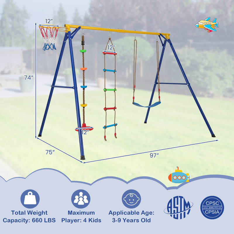 4-in-1 660 lbs Heavy Duty Swing Set for Kids Aged 3-9 Years Old-Yellow by DirectDeals