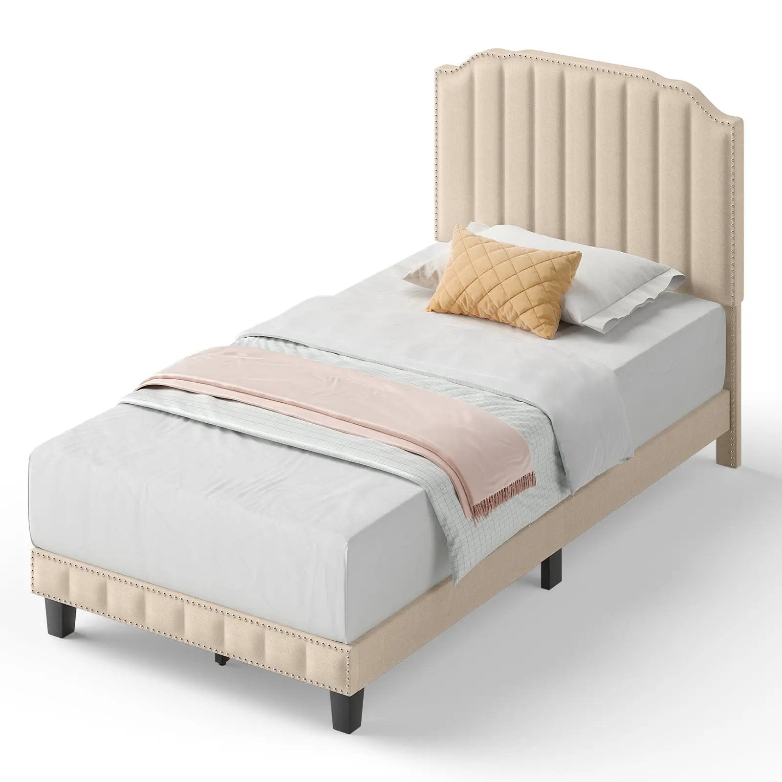Heavy Duty Upholstered Bed Frame with Rivet Headboard by DirectDeals