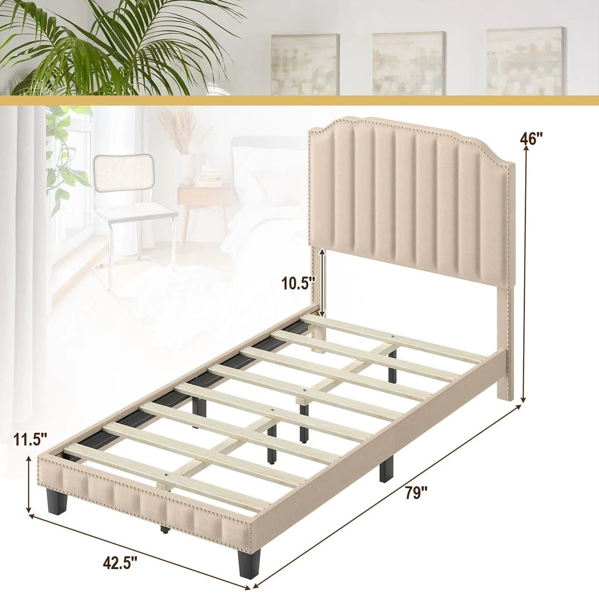 Heavy Duty Upholstered Bed Frame with Rivet Headboard, photo 2 of 24