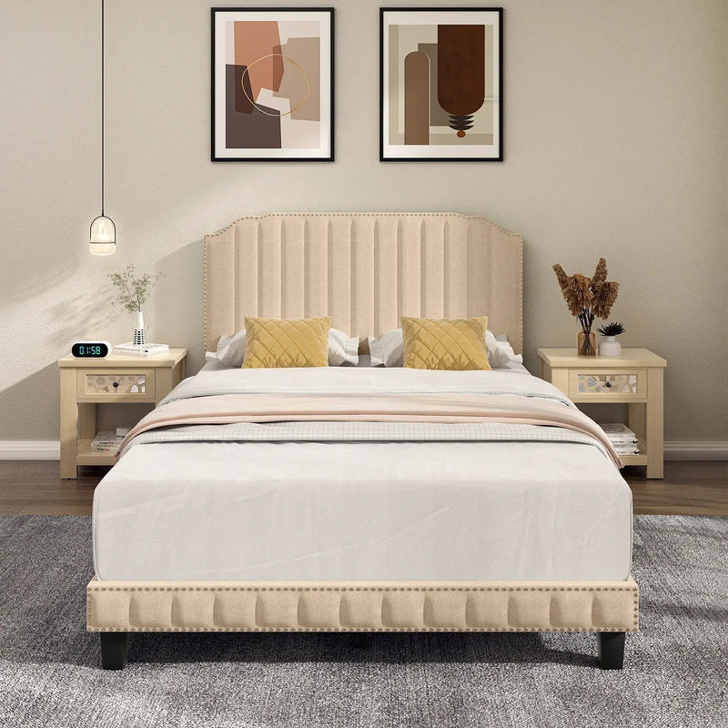Heavy Duty Upholstered Bed Frame with Rivet Headboard by DirectDeals