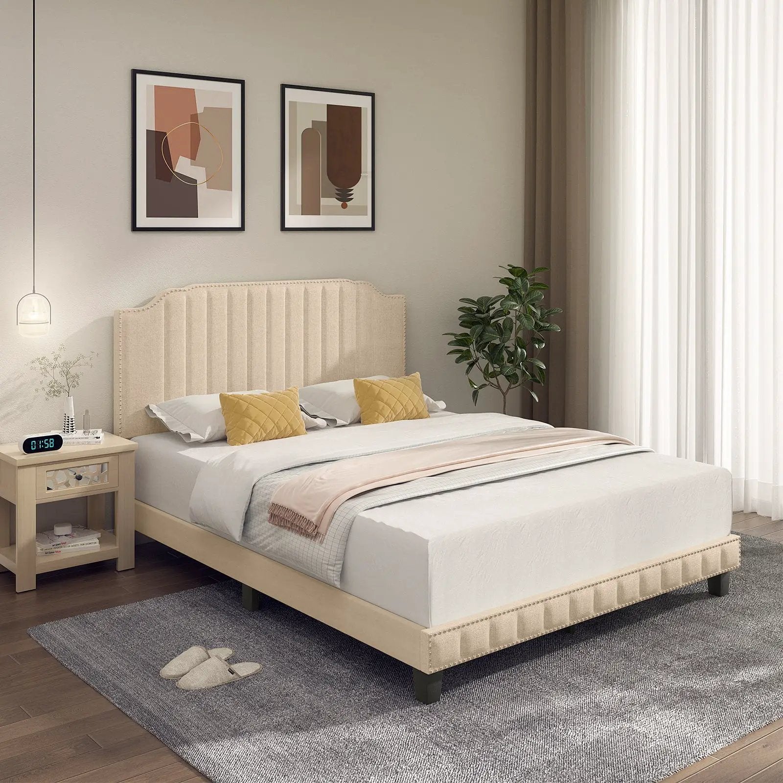 Heavy Duty Upholstered Bed Frame with Rivet Headboard by DirectDeals