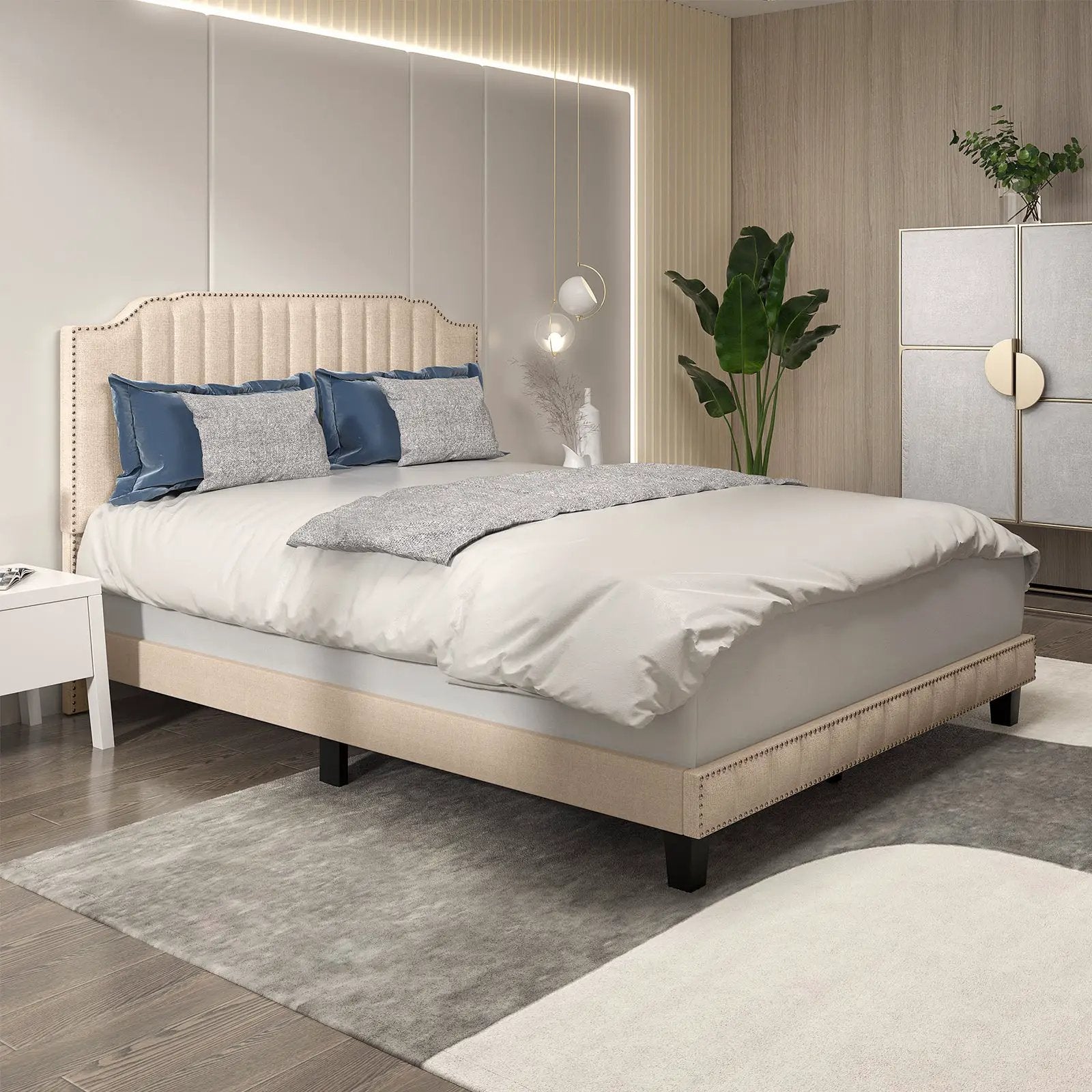Heavy Duty Upholstered Bed Frame with Rivet Headboard by DirectDeals
