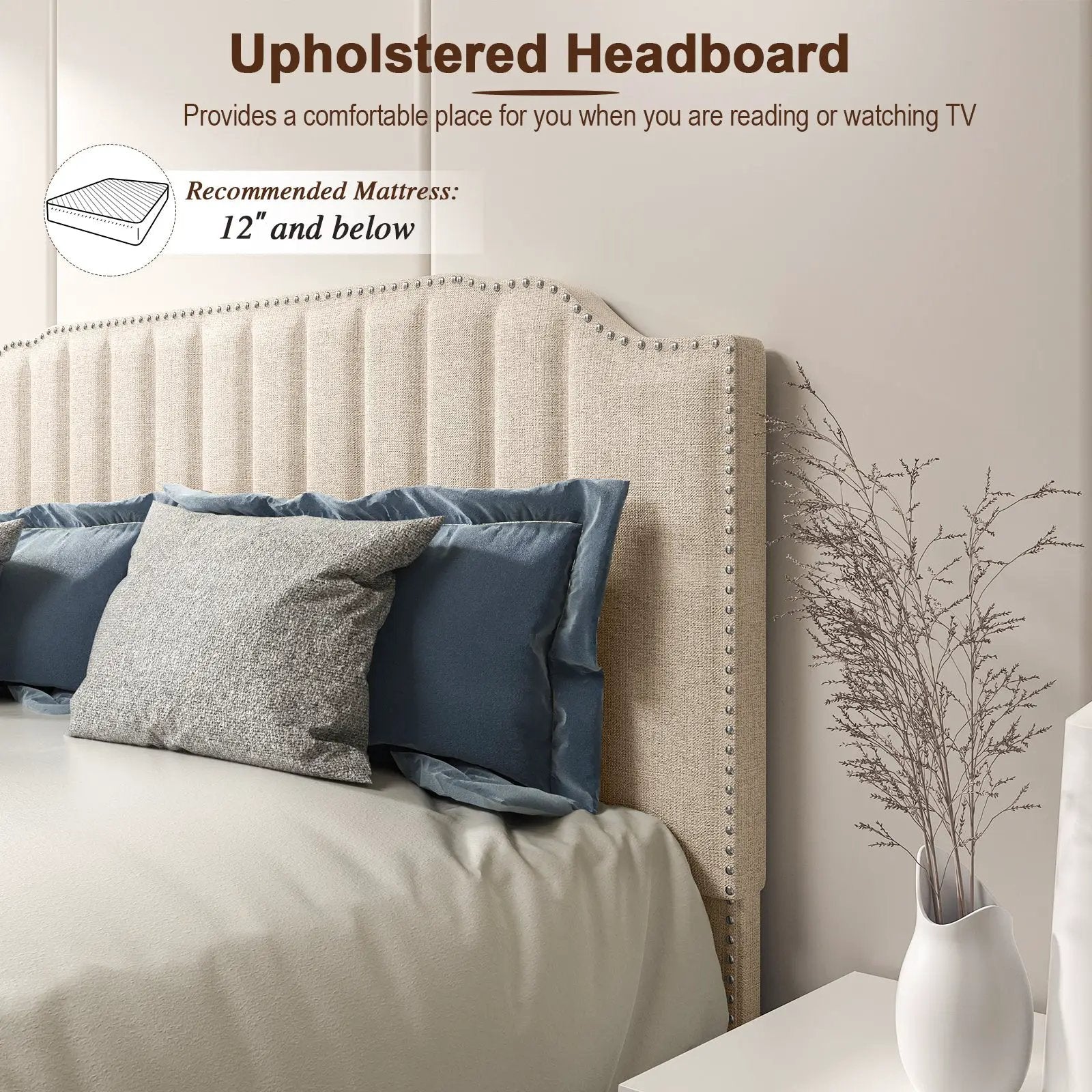 Heavy Duty Upholstered Bed Frame with Rivet Headboard by DirectDeals