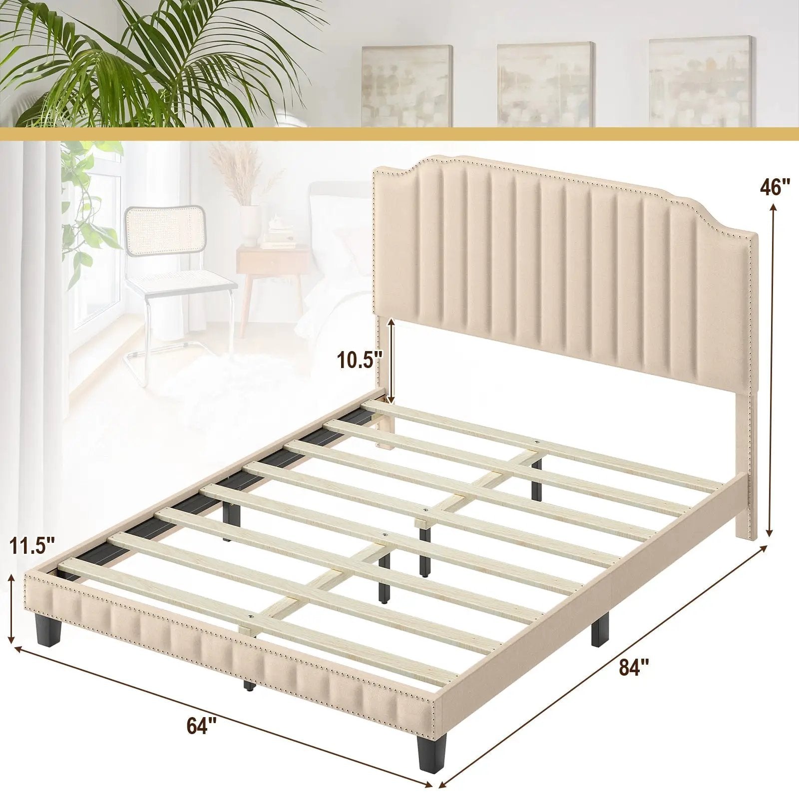 Heavy Duty Upholstered Bed Frame with Rivet Headboard by DirectDeals
