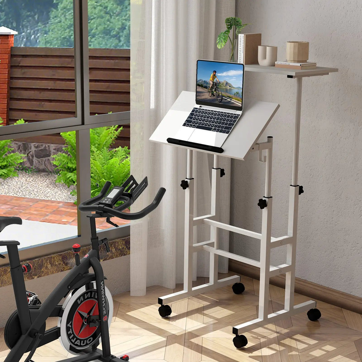 Mobile Standing Desk Height-Adjustable Laptop Cart with Split Top and Hanging Hooks, photo 2 of 11