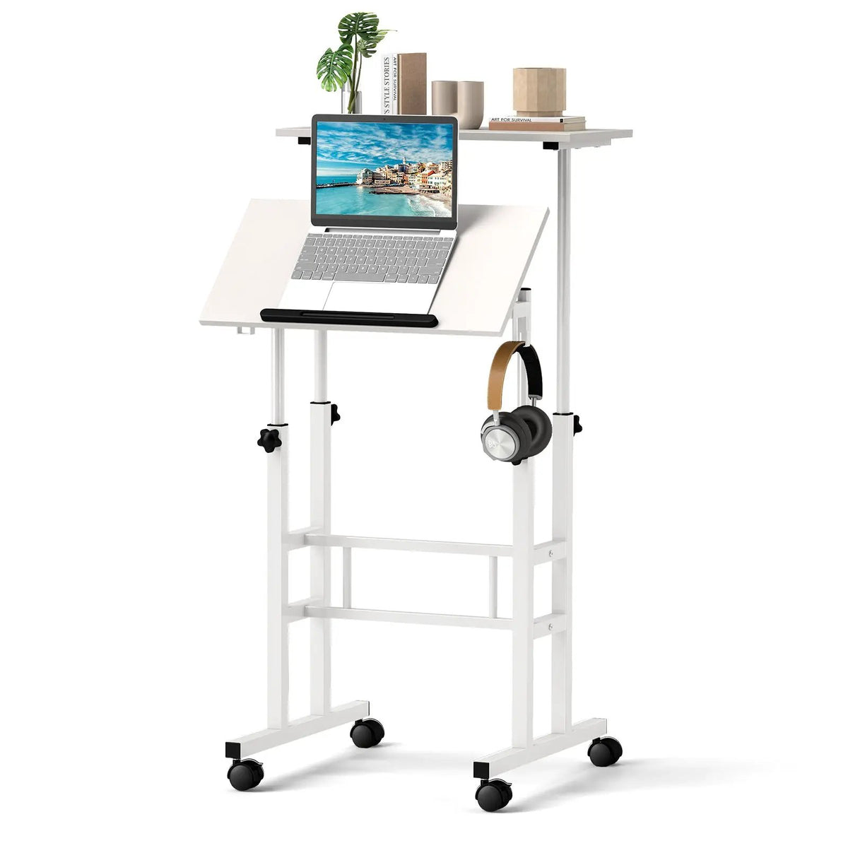 Mobile Standing Desk Height-Adjustable Laptop Cart with Split Top and Hanging Hooks, photo 4 of 11