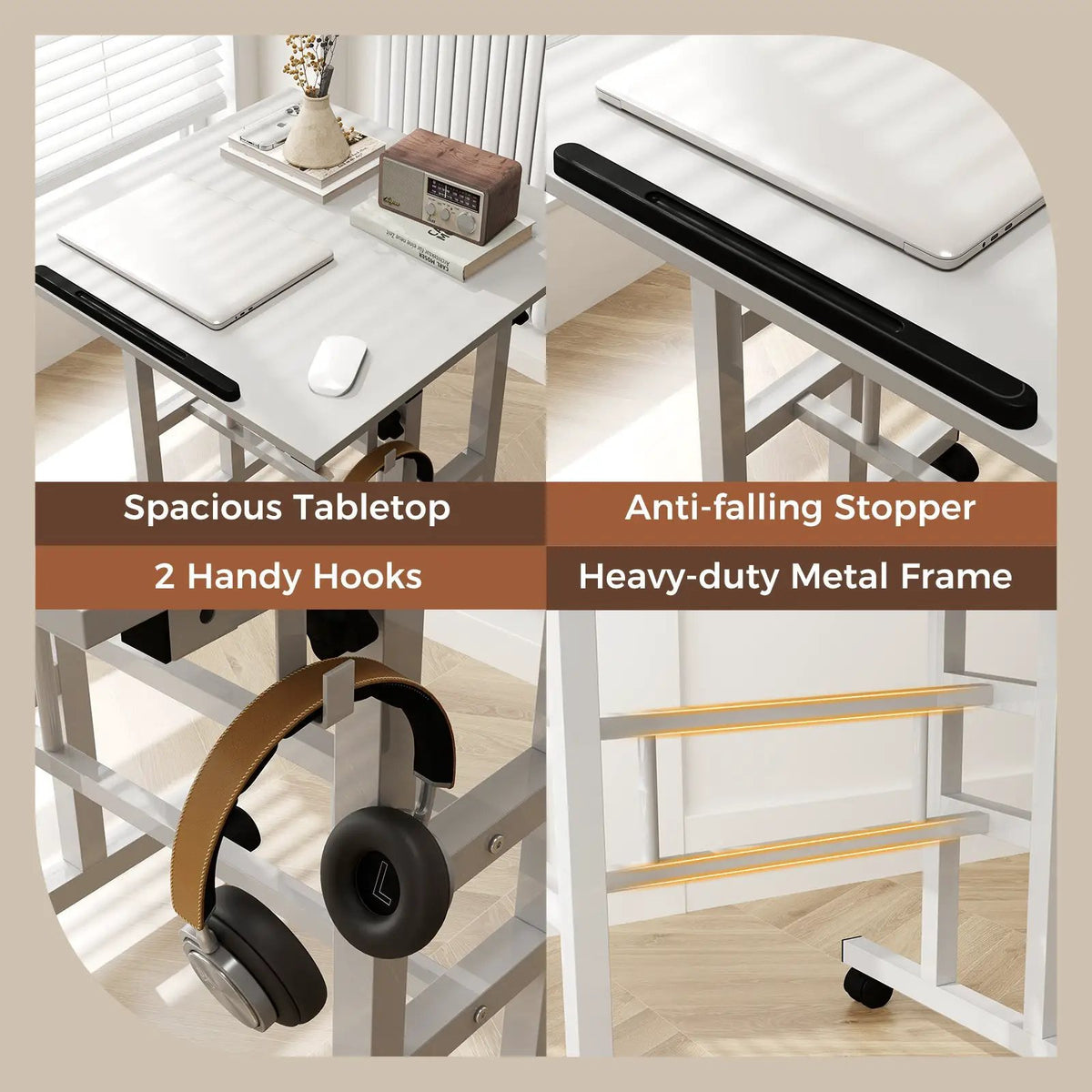 Mobile Standing Desk Height-Adjustable Laptop Cart with Split Top and Hanging Hooks, photo 6 of 11