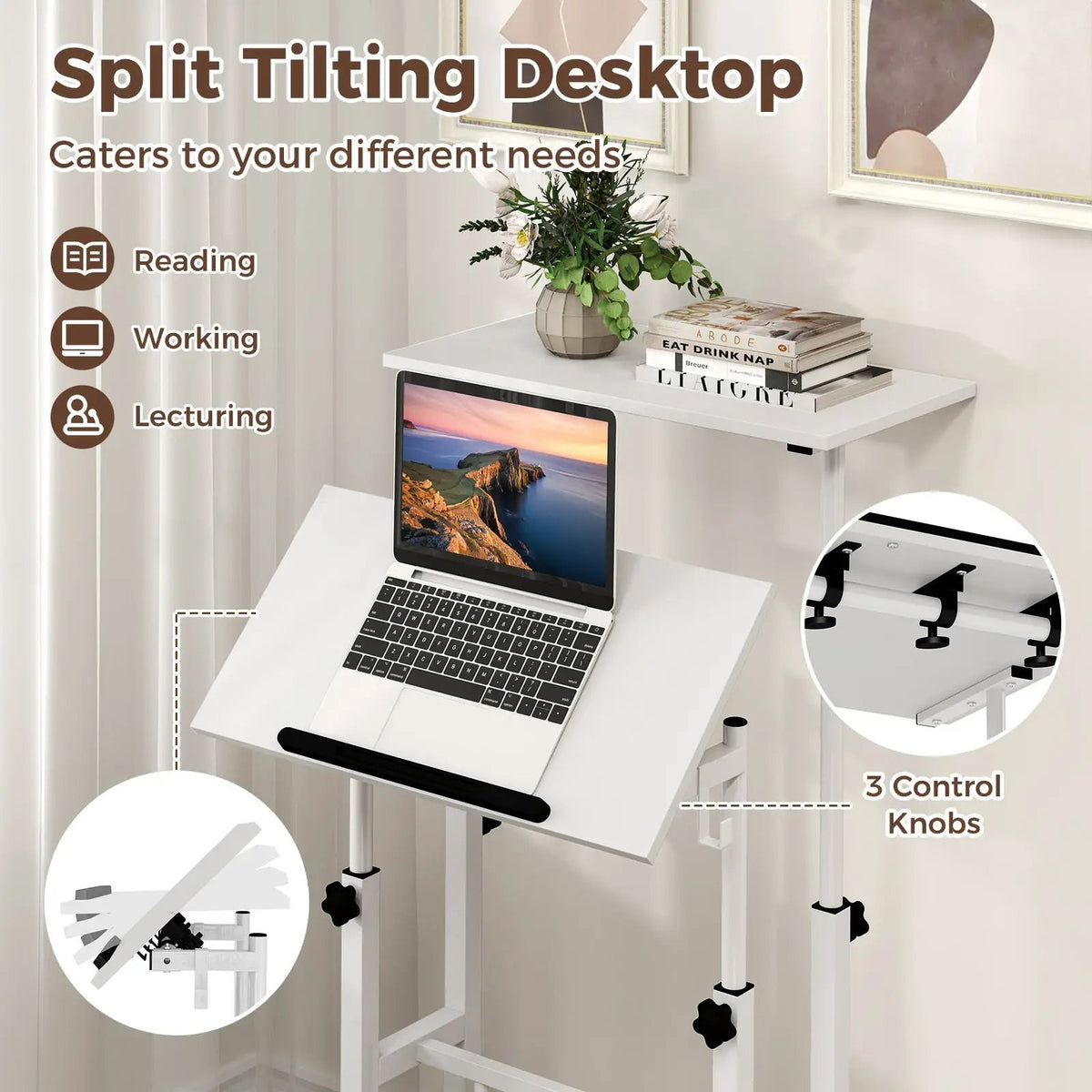 Mobile Standing Desk Height-Adjustable Laptop Cart with Split Top and Hanging Hooks, photo 8 of 11