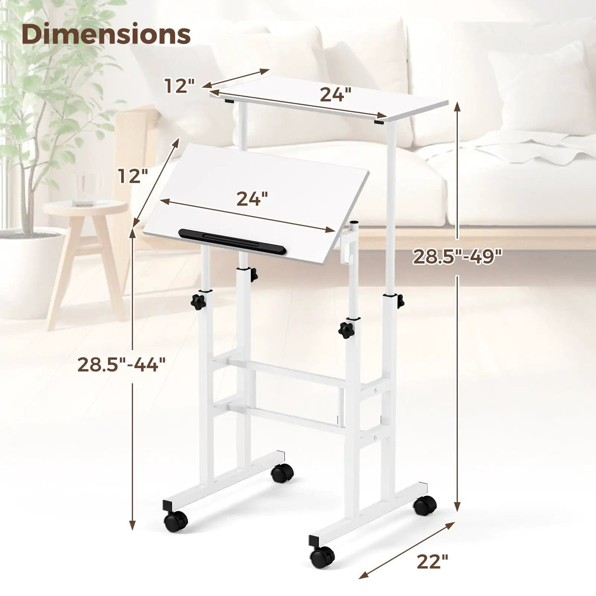 Mobile Standing Desk Height-Adjustable Laptop Cart with Split Top and Hanging Hooks, photo 5 of 11
