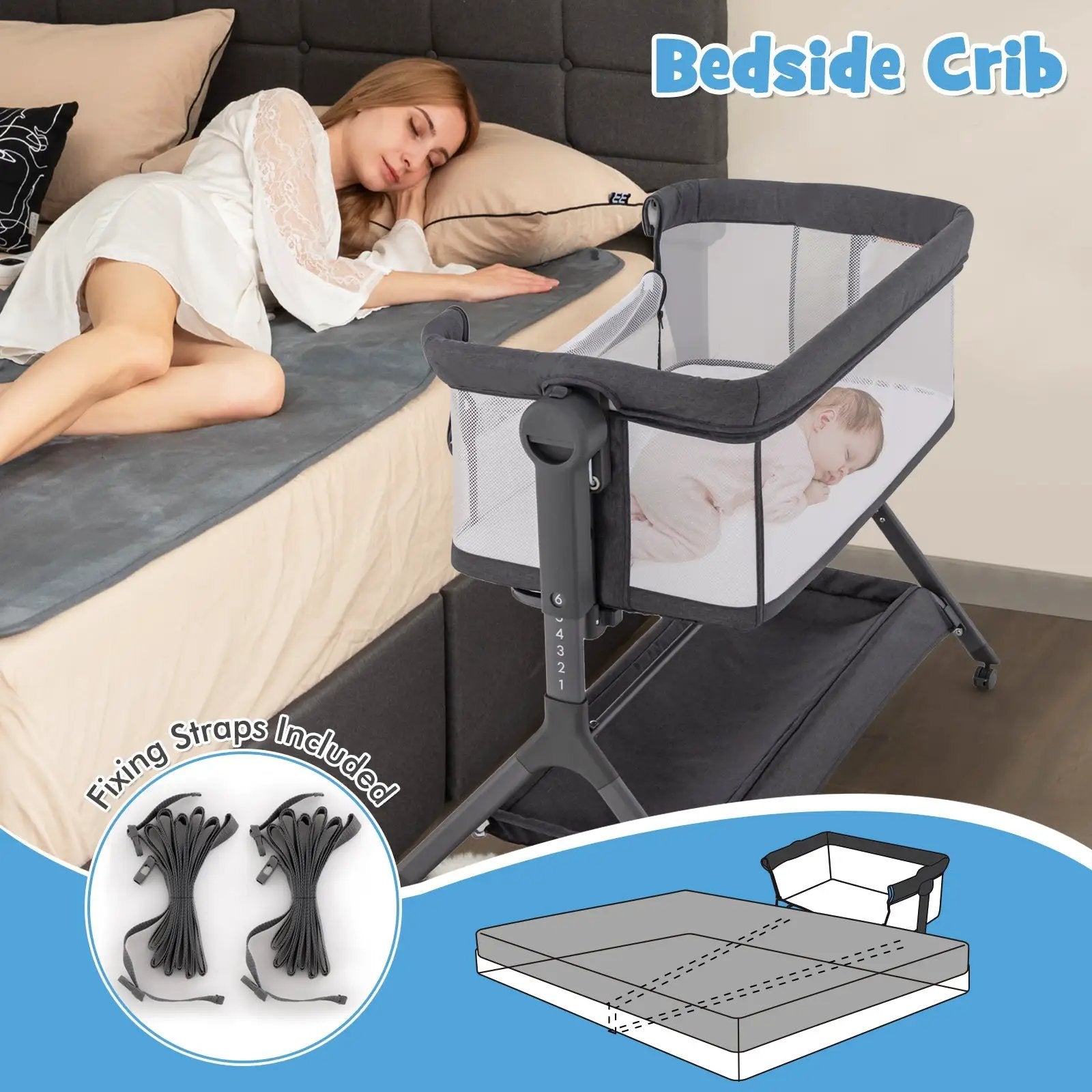 Height Adjustable Bedside Sleeper with Storage Bag and Soft Mattress for Baby by DirectDeals